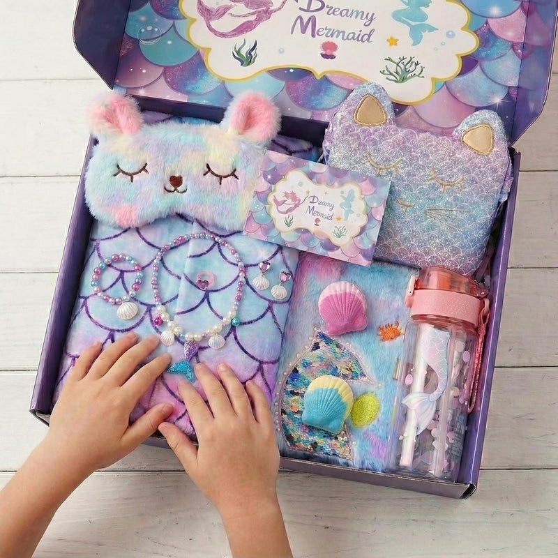 ELSEULAR Mermaid Gifts for Girls 4-10 Year Old, 8Pc Gift Box with Mermaid Tail Blanket, Jewelry, Kids Purse, water bottle & Notebook, Birthday Toys for 4-6 8-10 Year Old Girl, Safe Non-Toxic Stationery Set - Image 5